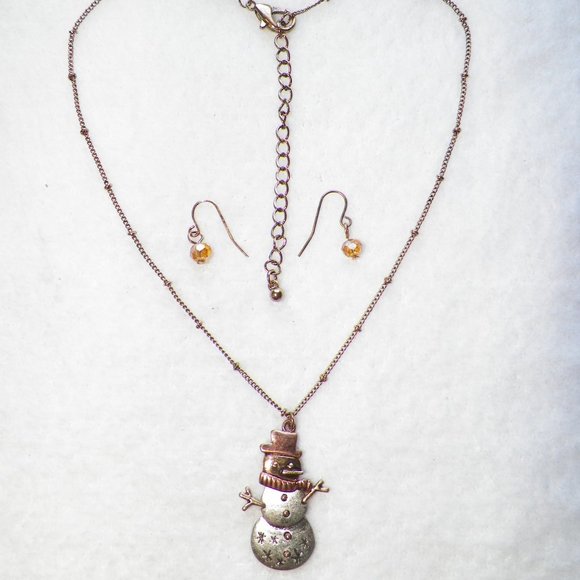 Rustic Articulating Snowman Necklace Earrings Set Tri-tone - Picture 2 of 4